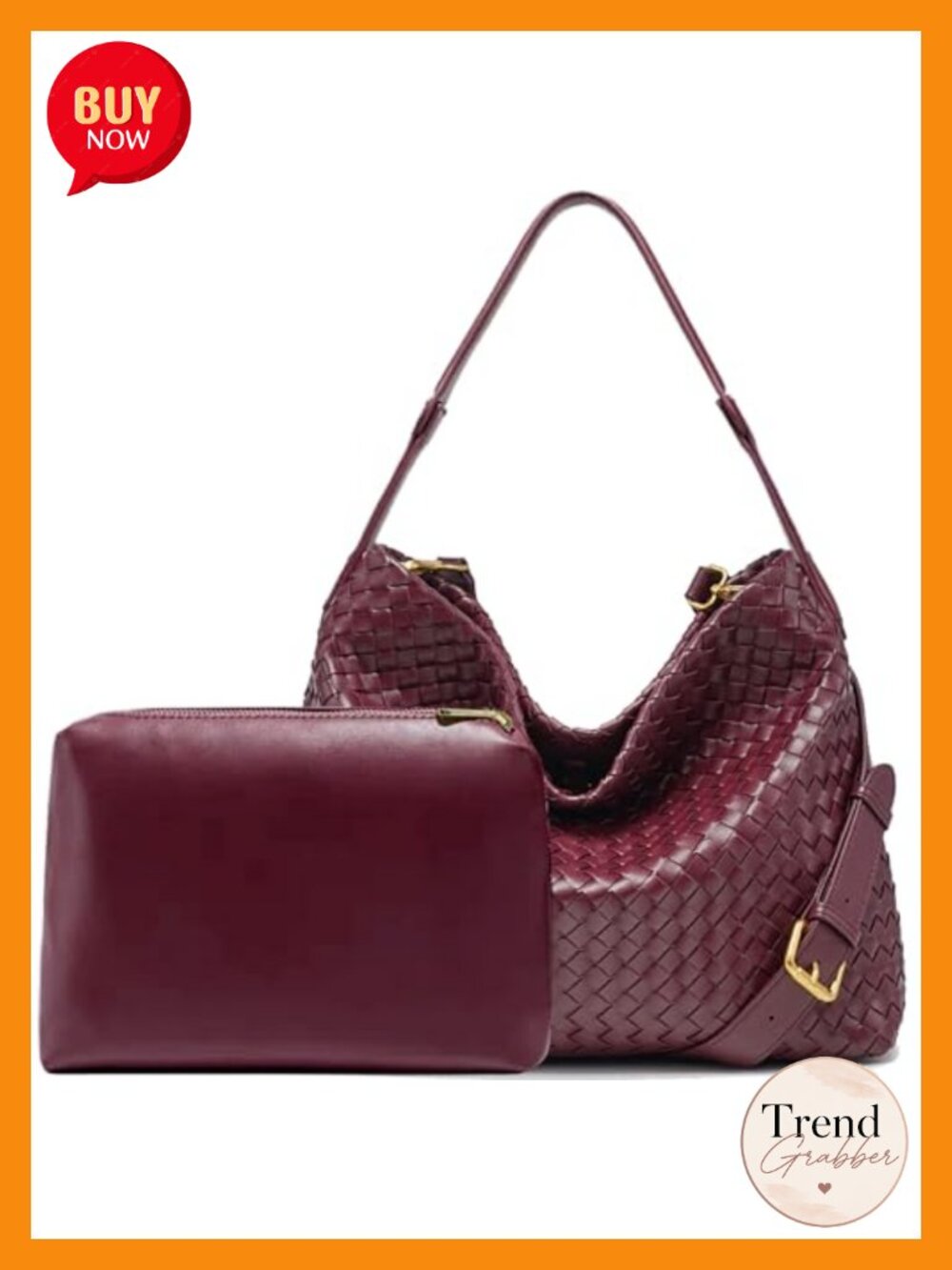 Vegan Leather Woven Tote Bag with Clutch and Adjustable Strap